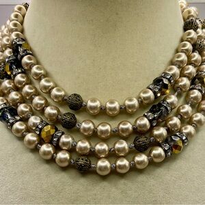 L&F 56 inch Cream Pearl Necklace with Bronze Crystals, Rhinestones, & Cage Beads